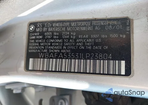 2001 BMW X5 3.0 from USA, damaged, VIN WBAFA53531LP23804